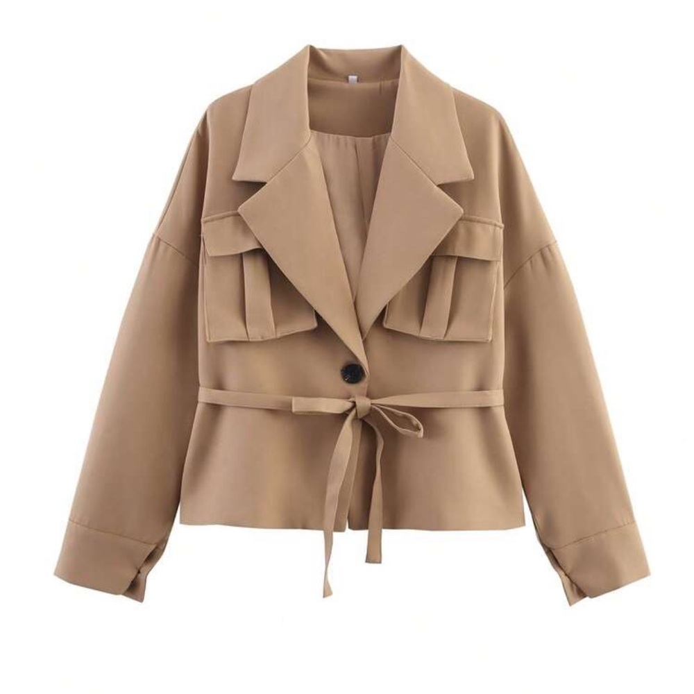 Tan brown belted tie wrap string belt oversized trench coat jacket - Picture 6 of 7